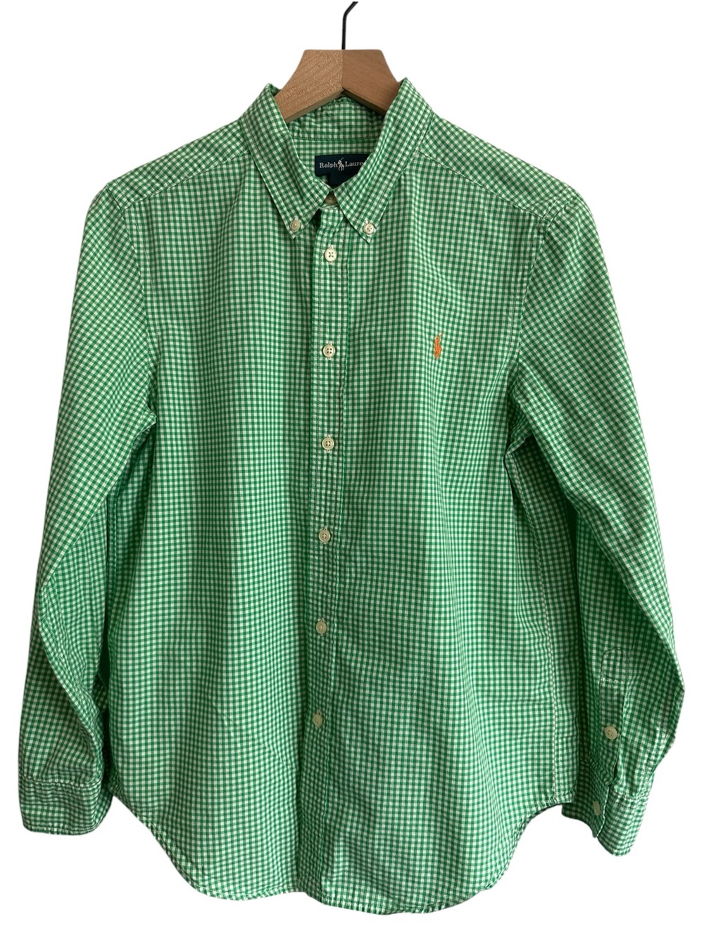 Ralph Lauren Boys Shirt Green White  Gingham Button Down Preppy Classic Logo